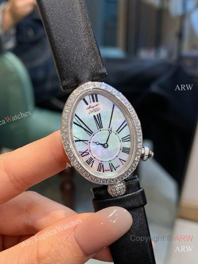 High Quality Replica BREGUET Reine De Naples Black Leather Strap White Face Dial Different Colors Diamond Inlaid Case Watch 